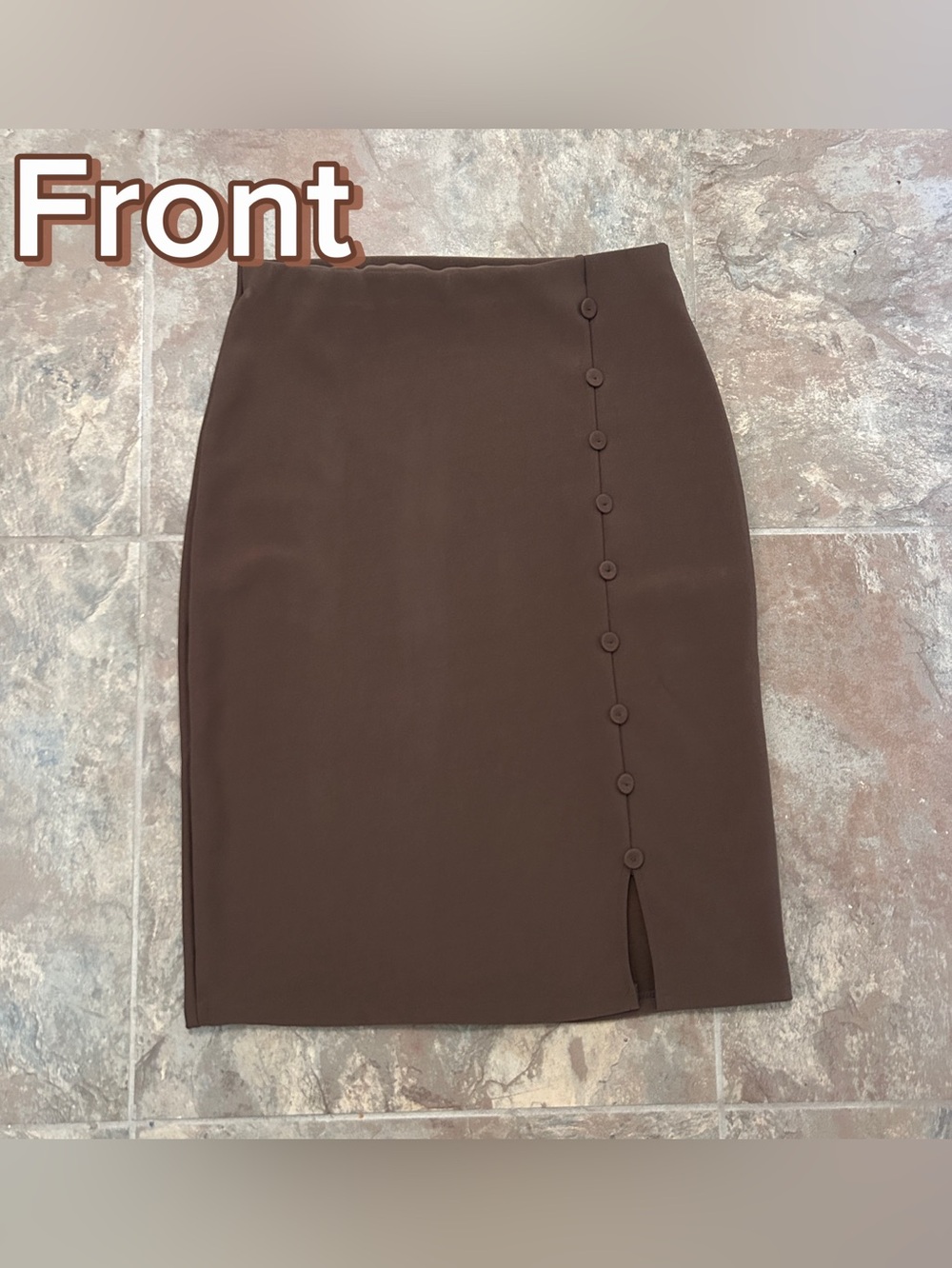 Tailored Brown Button-Trim Pencil Skirt